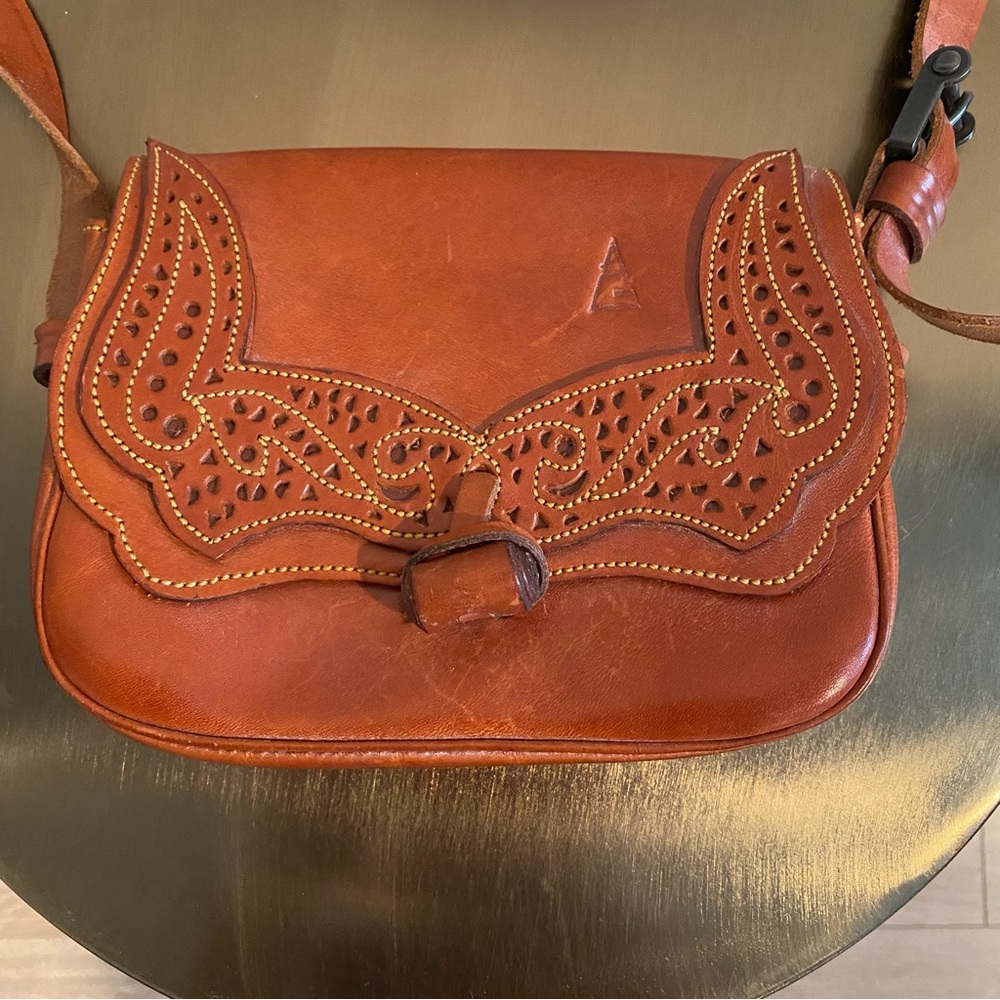 Vintage tooled brown leather mini bag